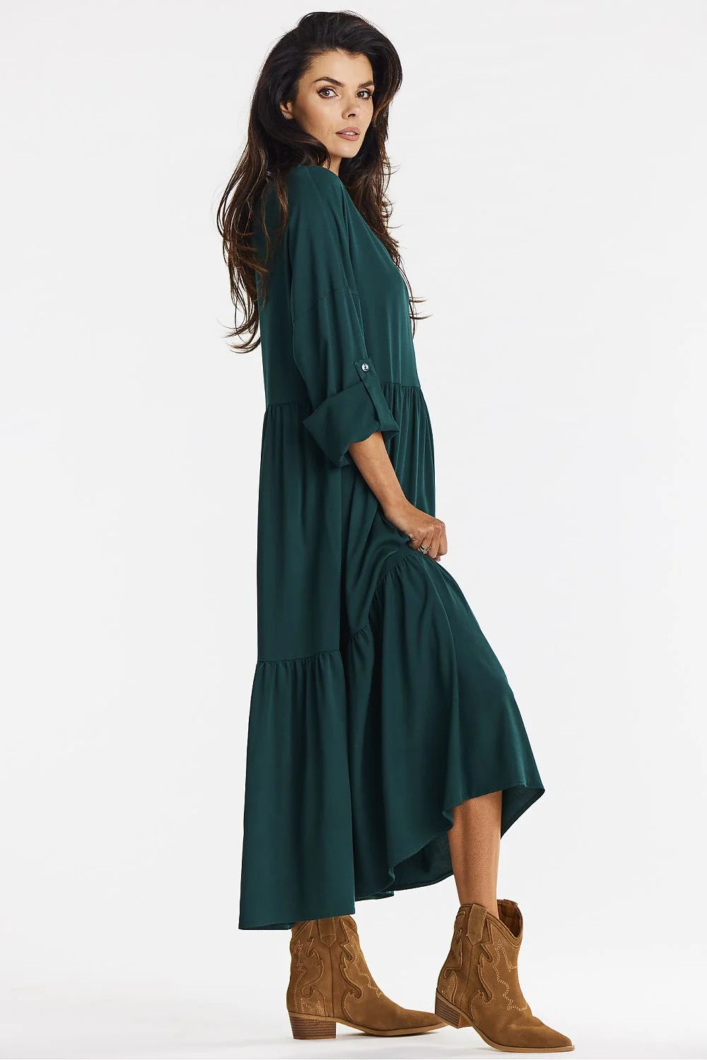 Robe longue ample style kimono vert émeraude manches longues décolleté V en viscose femme occasionnels