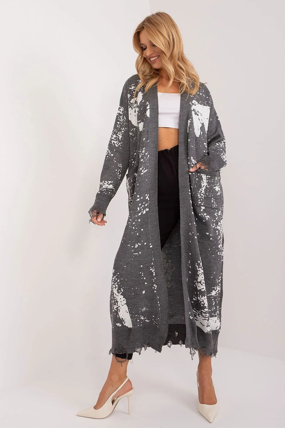 Cardigan long bohème chic pour femme, style ample et décontracté, tissu acrylique doux, motifs tachetés gris foncé