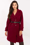 manteau femme long bordeaux polyester coupe droite legerementcintree grandcoltailleur doubleboutonnage sixboutons ceinture noire boucle doree manchesreglables pocheslaterales discretes