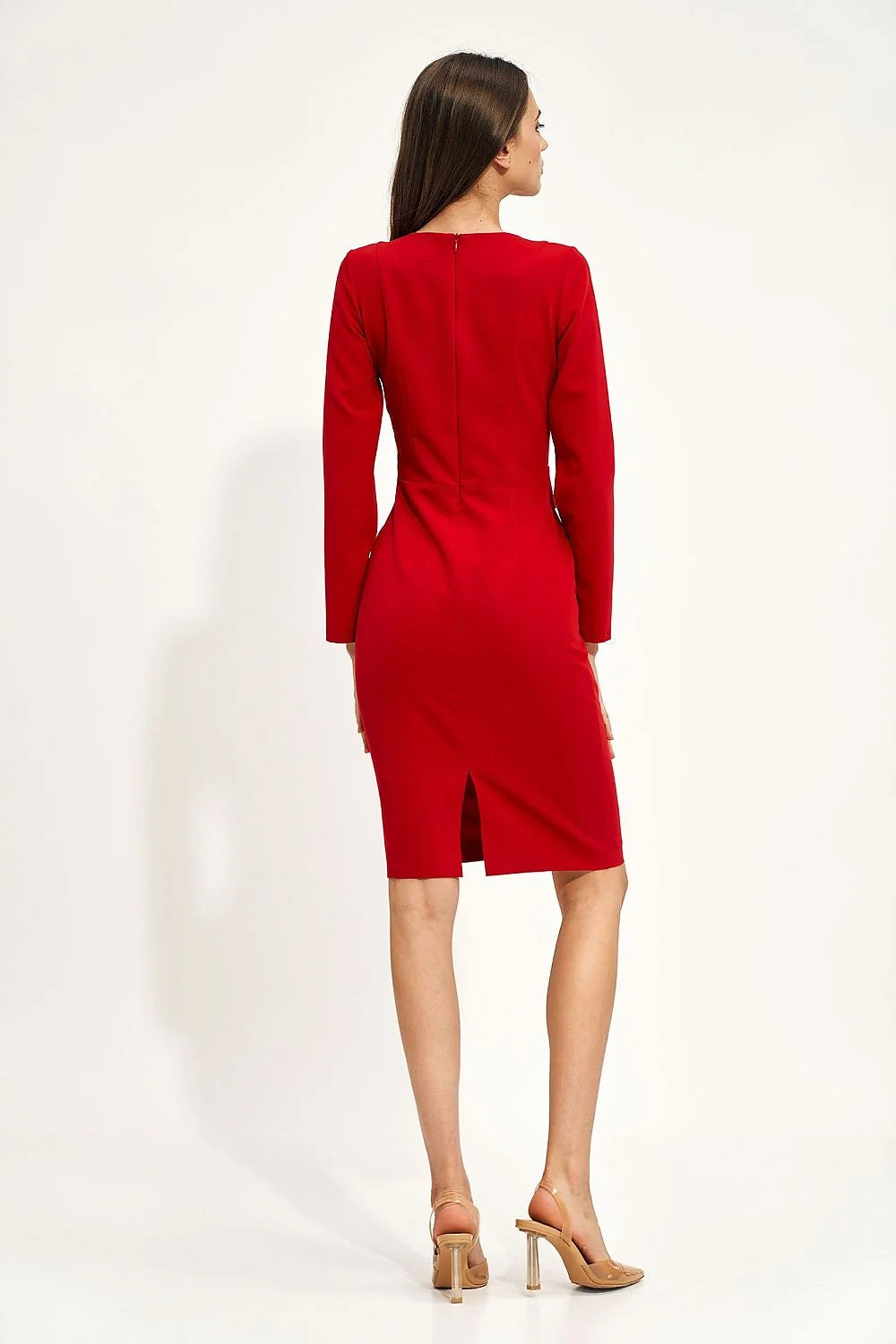 Robe de jour élégante manches longues rouge vif tissu élasthanne polyester viscose taille ajustable femme