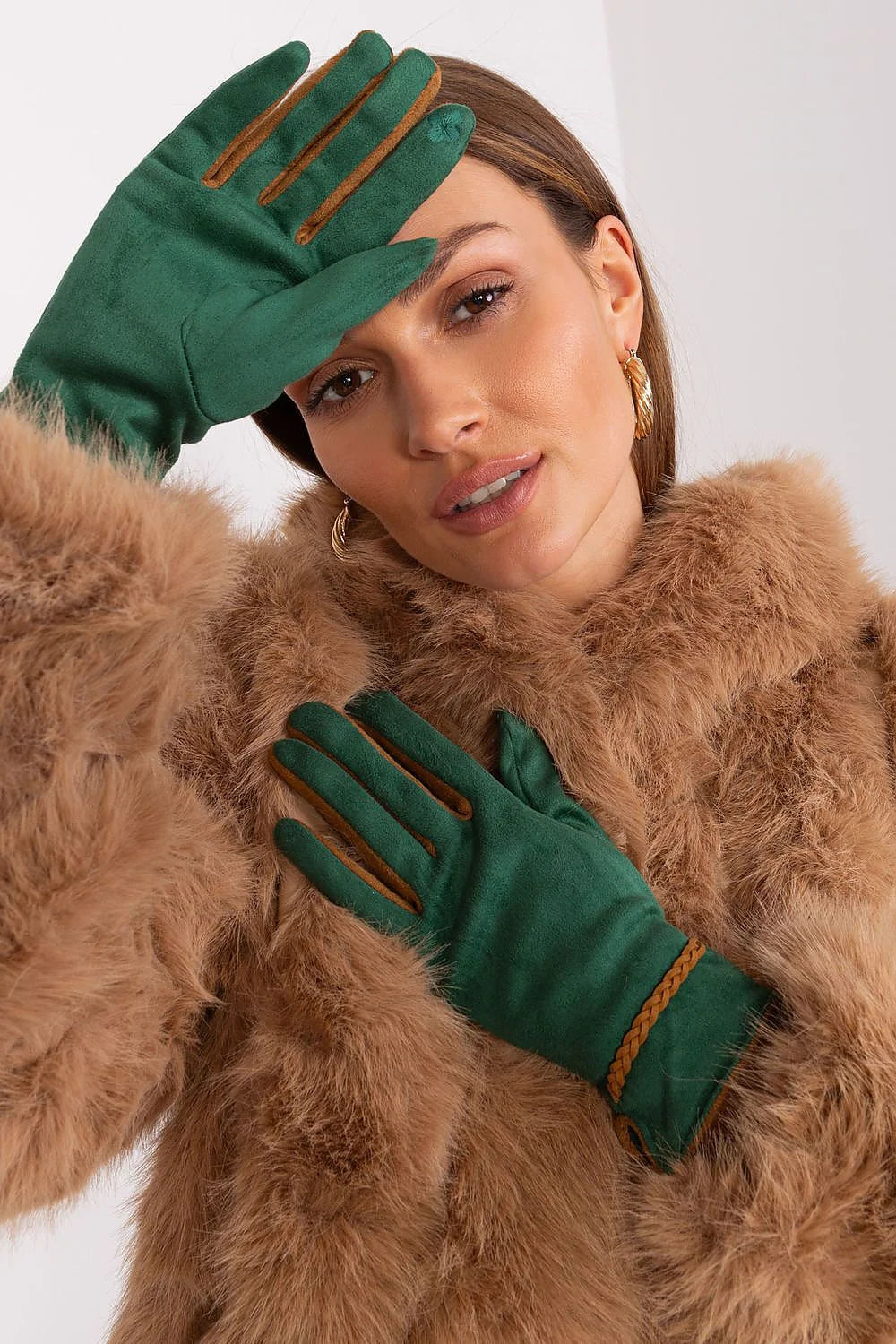 Gants élégants en tissu lisse contrastés pour femmes avec broderies et bretelles tressées polyester spandex mode hiver
