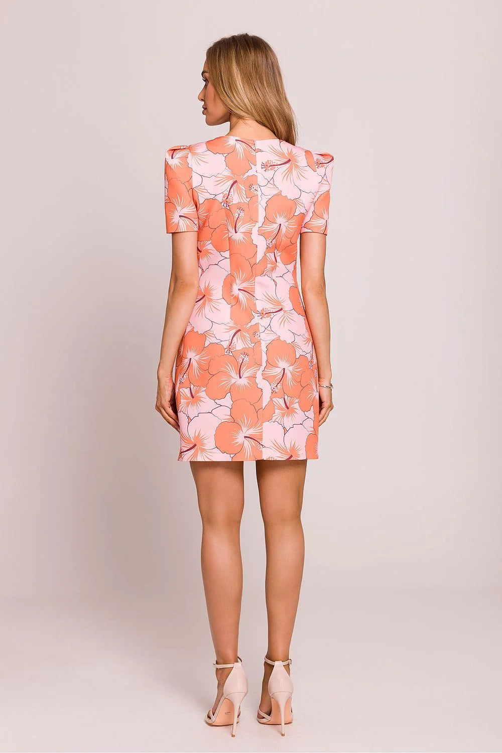 Robe de jour élégante imprimé floral manches bouffantes encolure bateau sans doublure corail rose femme