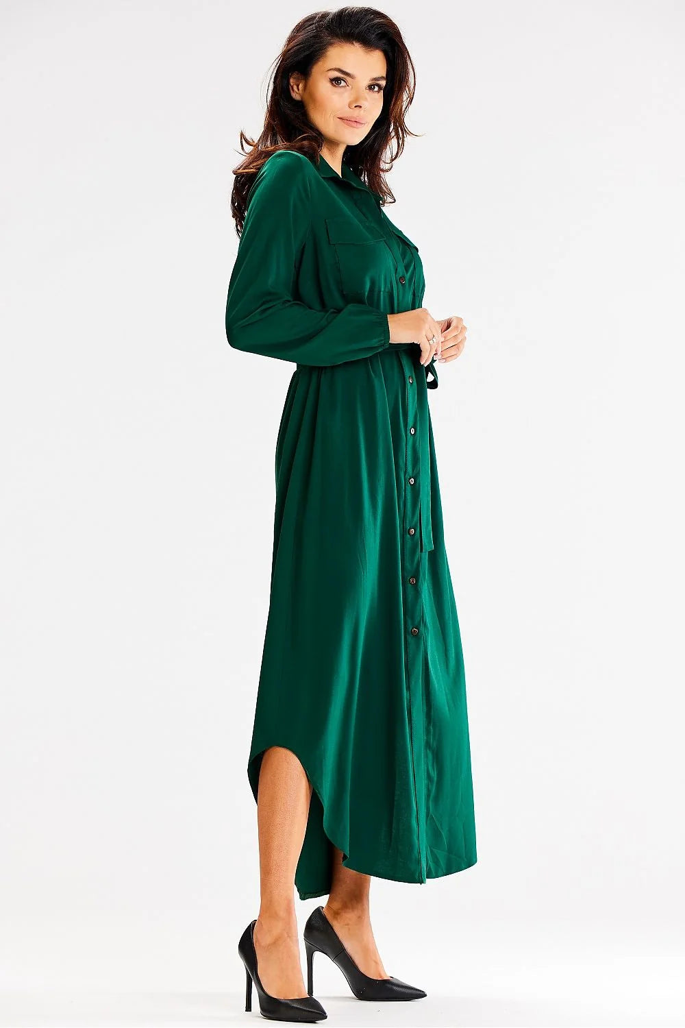 Robe de jour awama longue manches longues coupe droite ceinture poches poitrine visage élégant femme