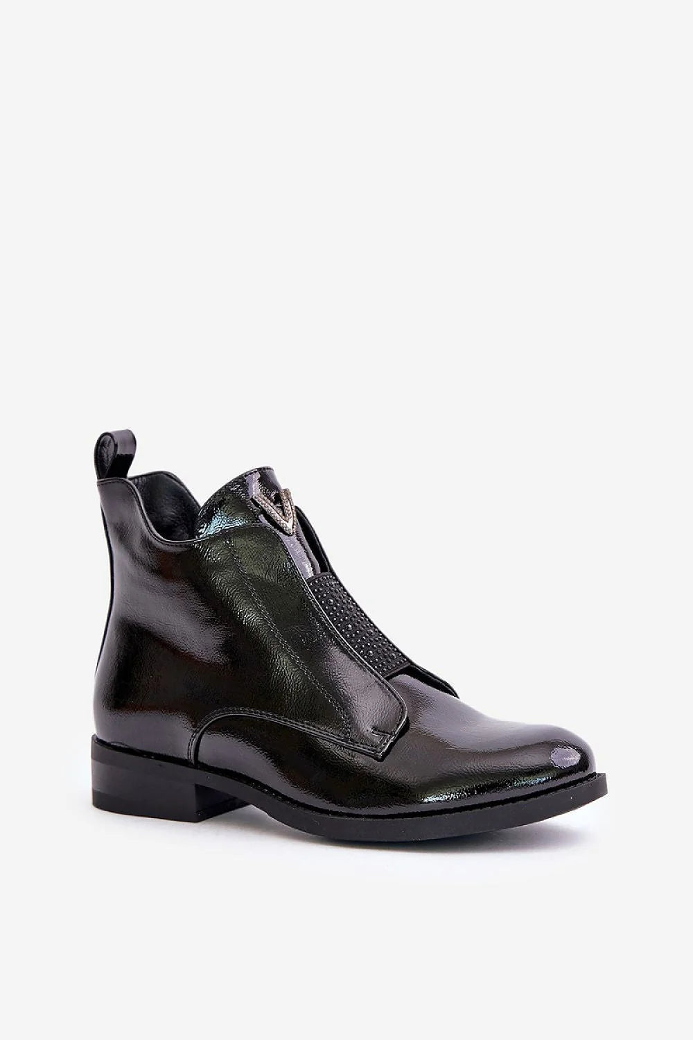 Bottines femmes design moderne élégant cuir verni noir talon plat semelle confortable fermeture latérale insert métallique veste cheville