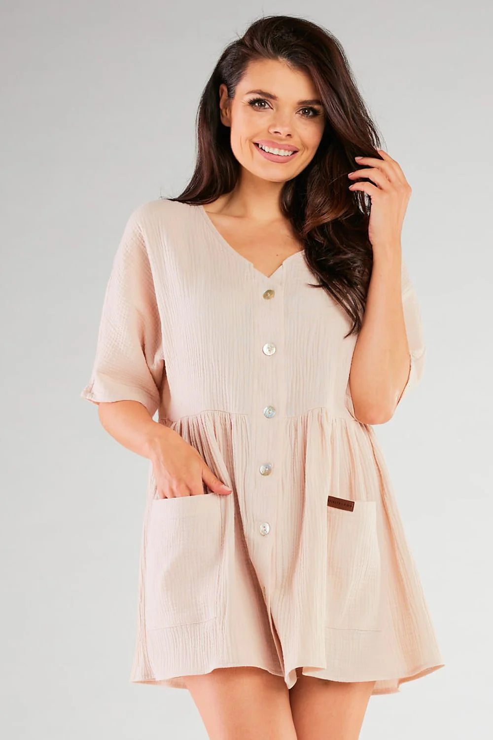 robe été féminine décontractée manches courtes col V boutons nacrés poches plaquées coupe ample empire double gaze légère respirante confortable