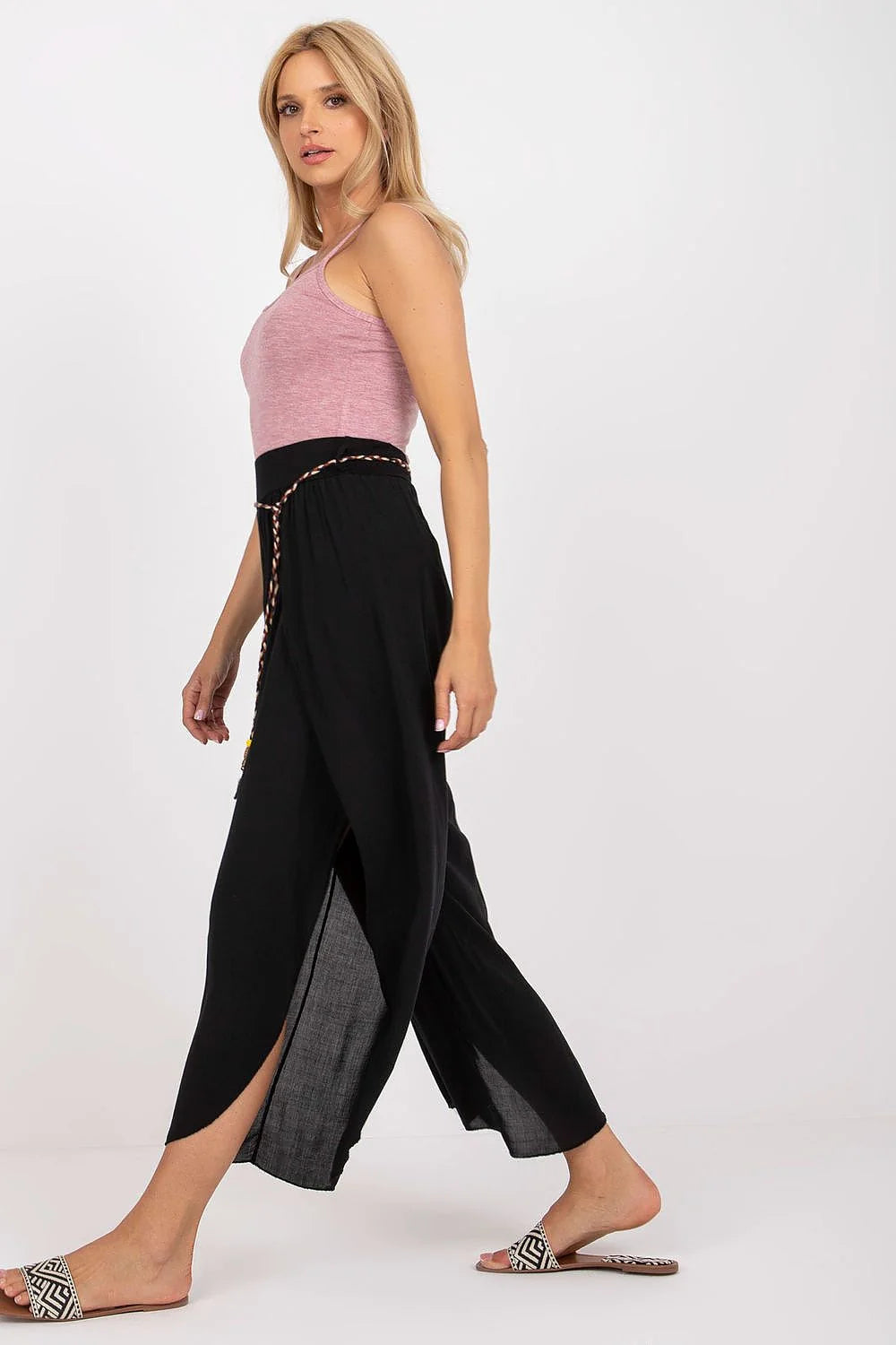 Pantalon femme Och Bella taille haute lien décoratif viscose 100% noir coupe fluide style bohème été