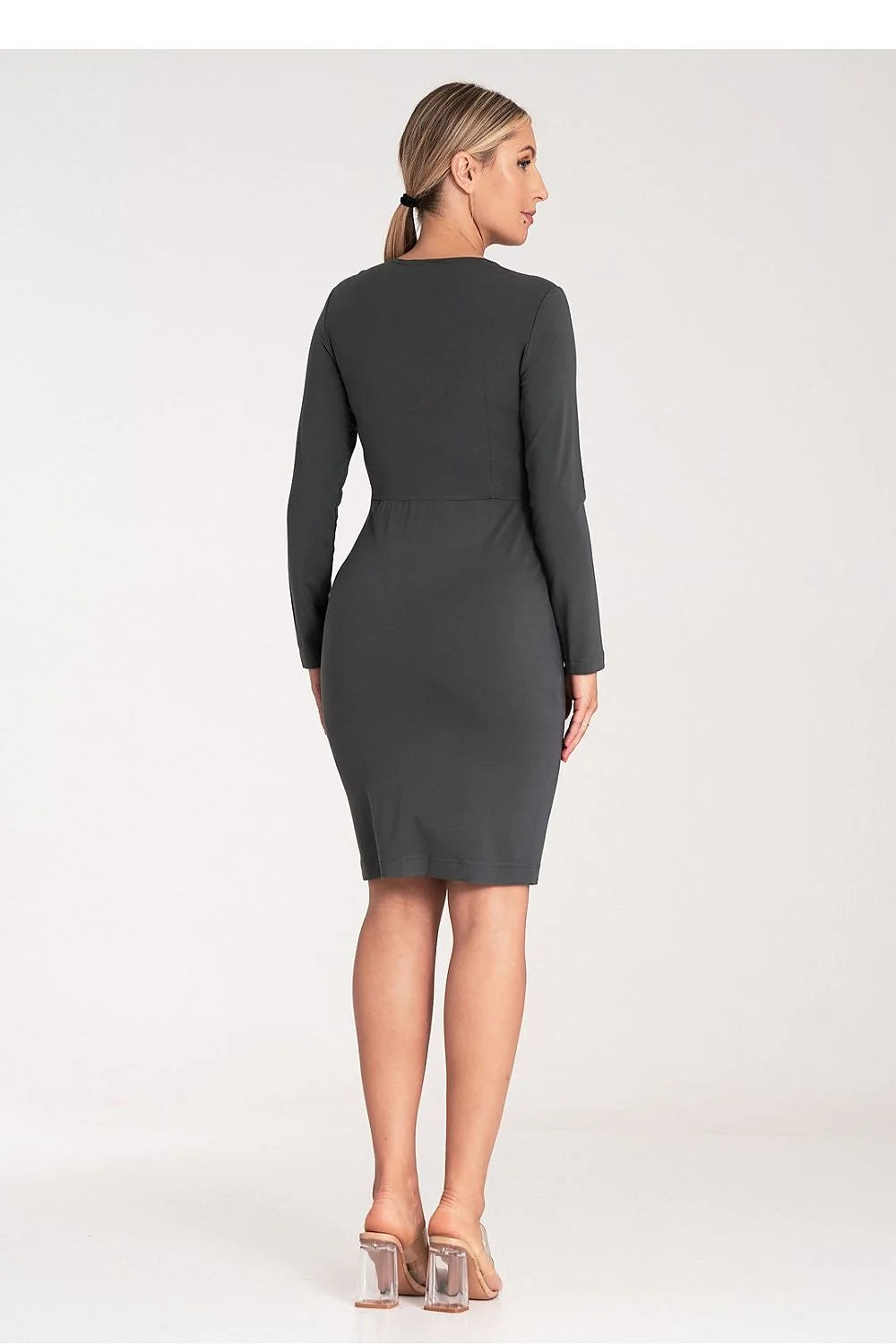 robe fourreau femme manches longues gris anthracite maille ponte viscose élasthanne extensible cintrée coutures discrètes taille marquée encolure cache coeur