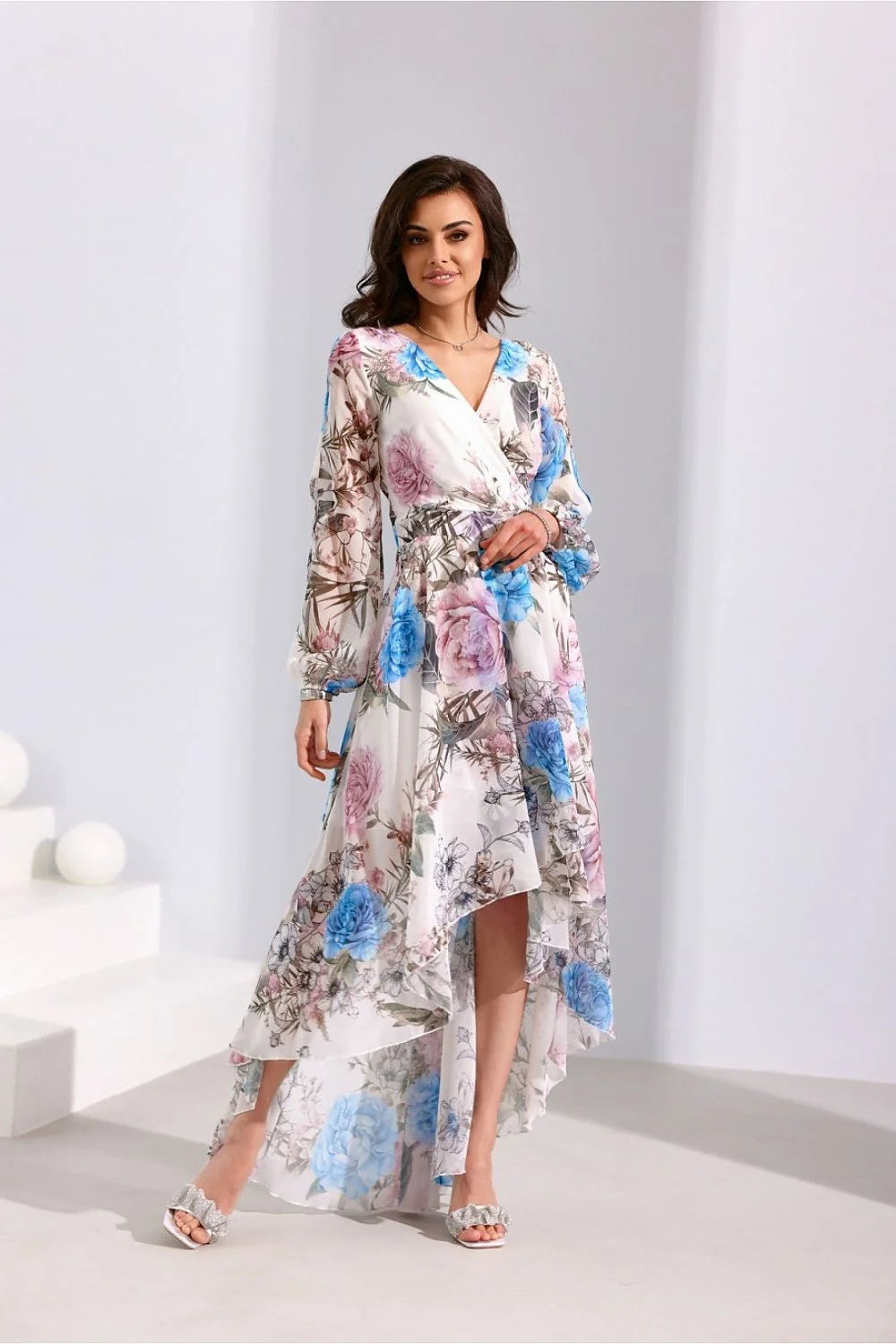 Robe asymétrique féminine floral longueur maxi manches longues élastique taille ajustable occasion spéciale été femme