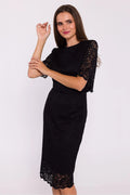 Robe de soirée élégante en dentelle noire ajustée manches courtes dos nu fente dos occasion formelle femme