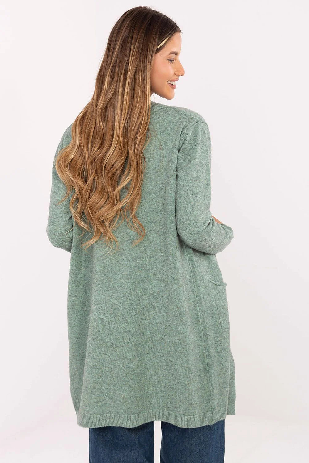 cardigan long femme ouvert gilet mi cuisse coupe droite décontractée manches longues poches plaquées maille douce vert sauge