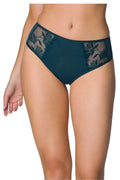Culottes féminines élégantes en tissu doux avec broderies florales, tulle transparent et taille haute, couleur teal