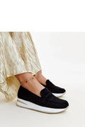 mocassin femme daim noir suédine texturée semelle plateforme blanche insert beige compensée confortable maintien slipon arrondi surpiqûres élégance casual chic
