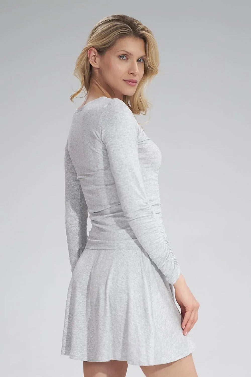 Robe maille jersey gris chiné confortable manches longues élégante ajustée évasée décontractée tendance quotidienne féminine