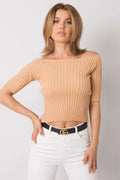 Chemisier femmes épaules nues manches mi-longues tissu côtelé beige clair taille ajustée polyvalent mode élégance
