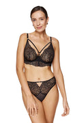 Ensemble de lingerie féminine en dentelle noire chic et élégant, soutien-gorge bralette et culotte tanga, détails en dentelle florale, nœud central, bretelles ajustables, confortable et sexy