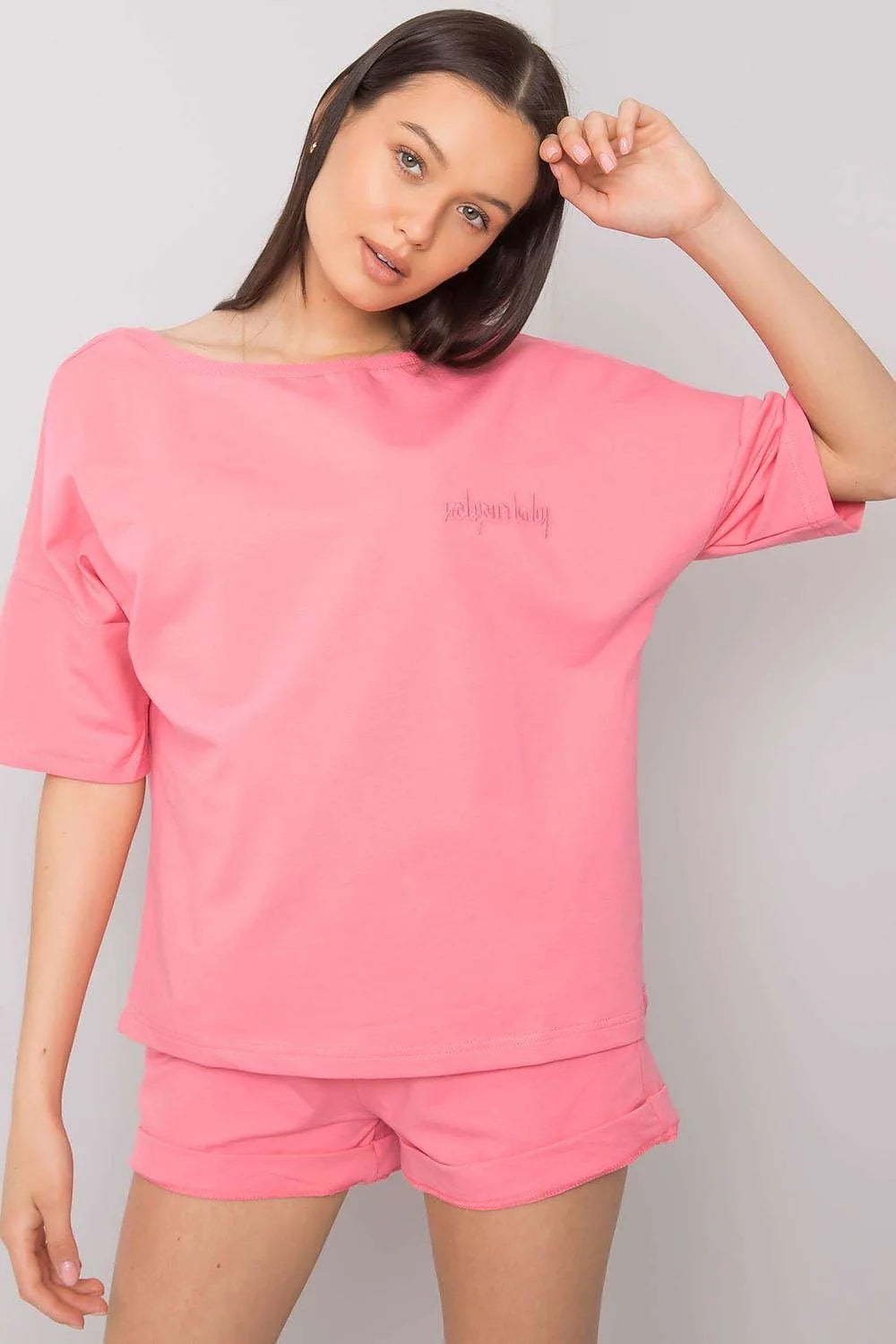 ensemble femme coton doux respirant extensible oversize encolure bateau manches mi longues short ajusté ourlet retroussé rose vibrant