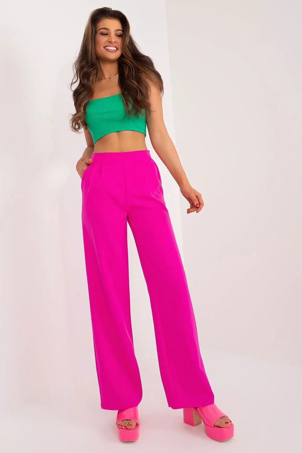 Pantalon femme Rue Paris haut bandeau vert vif pantalon rose fuchsia jambes larges taille haute
