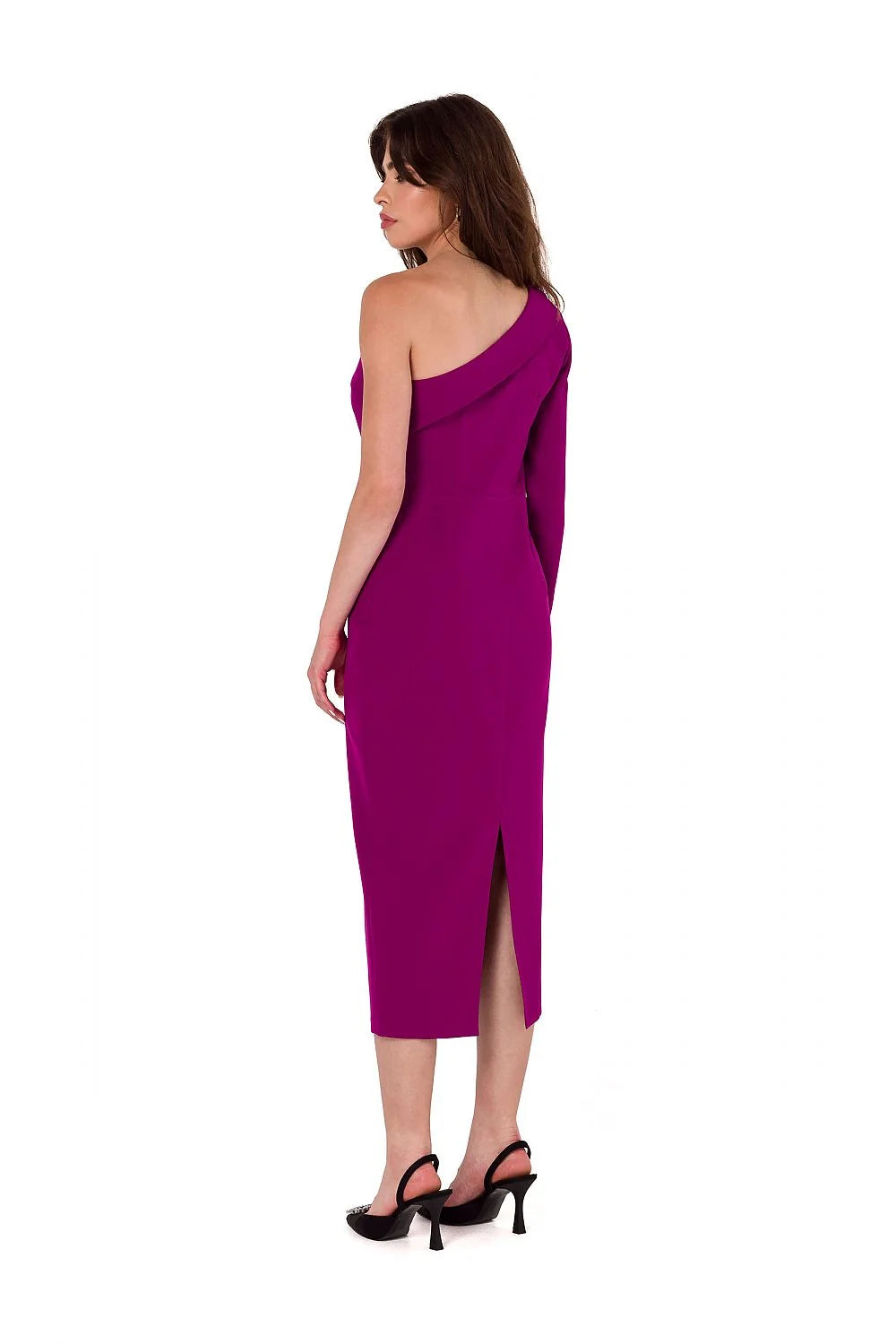robe soirée makover asymétrique épaule nue manche longue col drapé mi mollet fente latérale fuchsia fourreau ajustée stretch