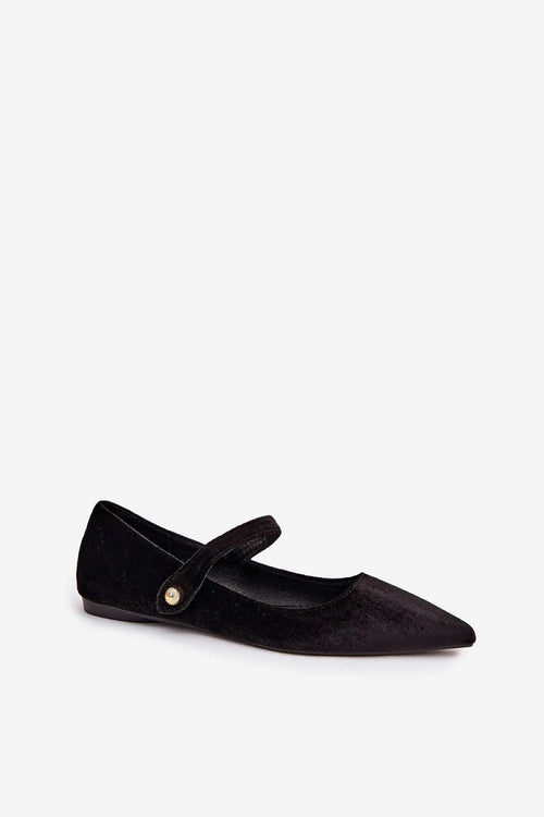 ballerines velours noir femme maryjane pointues bouts affinés bride velcro doré décoratif semelle fine talon plat confortable élégantes