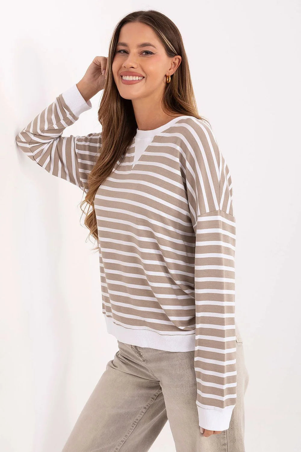 chemisier femme oversize décontracté marinière rayures beige sable blanc maille jersey légère encolure ronde manches longues