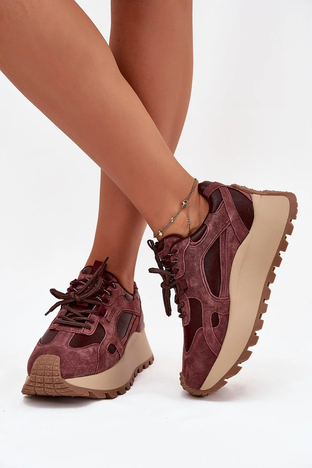 BigStar baskets femme sneakers chunky plateforme bordeaux daim cuir suédé oversize semelle crantée beige antidérapante matelassée respirante recyclée amortissante