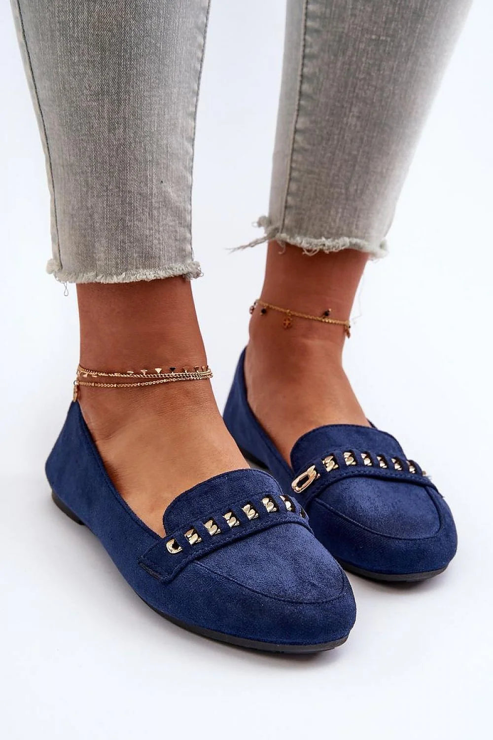 Mocassins pour femme en cuir suédé écologique, style élégant, chaîne dorée, semelle antidérapante, confort tout au long de la journée