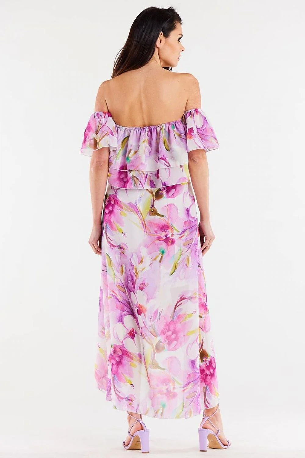 Robe longue bohème imprimé floral asymétrique en chiffon élastique buste volant épaules nues romantique été jardin soirée femme
