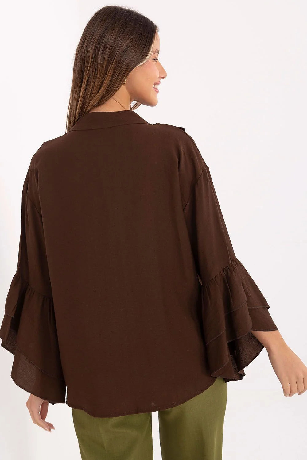 chemisier viscose marron chocolat fluide semi transparent manches longues volants jabot plastron boutonnée encolure ronde coupe ample romantique bohème polyvalent