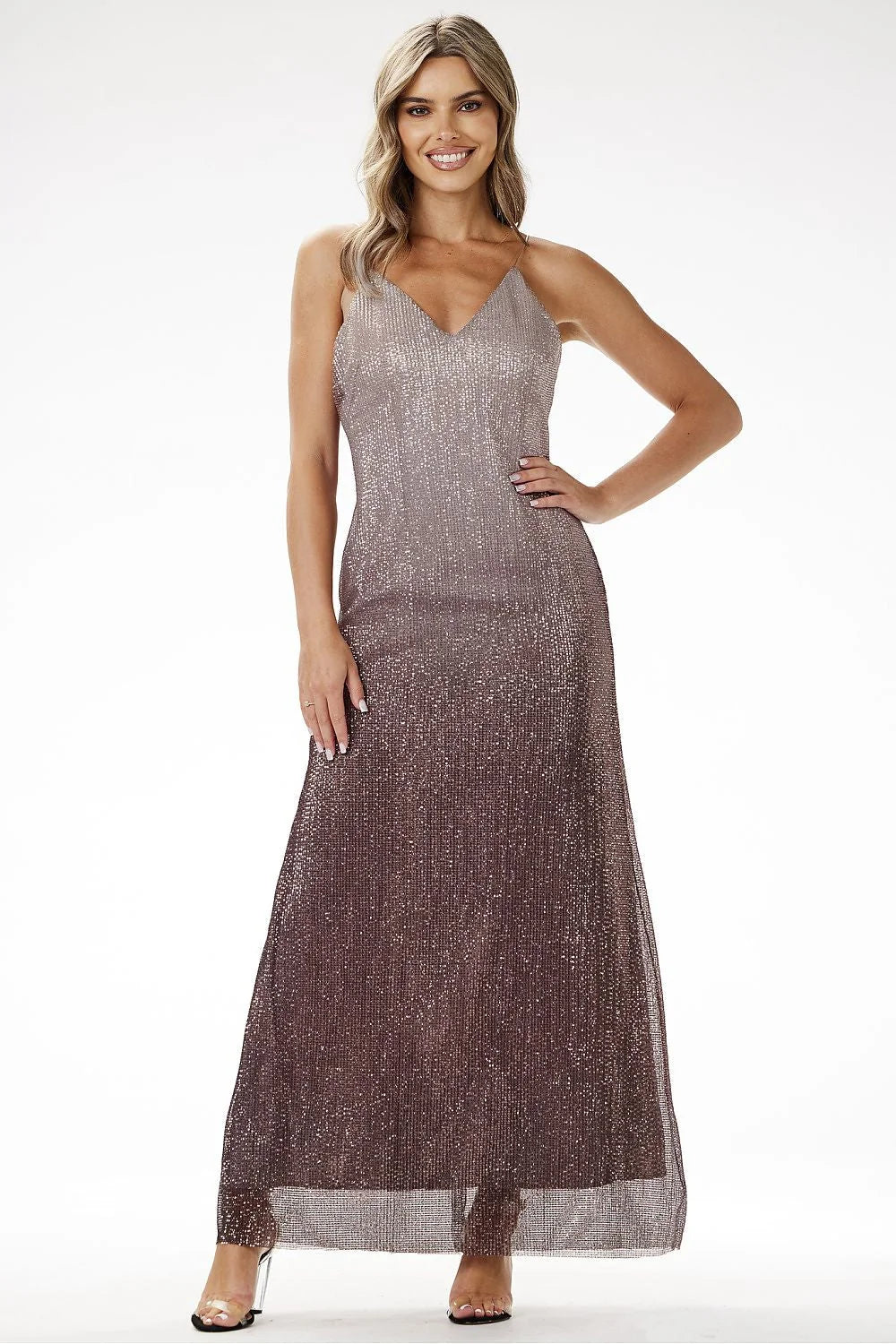 Robe longue élégante pour soirée sans bretelles effet ombré paillettes coupe ajustée décolleté V dos ouvert transparence fiançailles mariage nouvel an femme