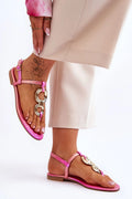 sandales femme élégantes modernes glamour fuchsia métallisées dorées chaîne Tstrap bride cheville réglable semelle plate rembourrée