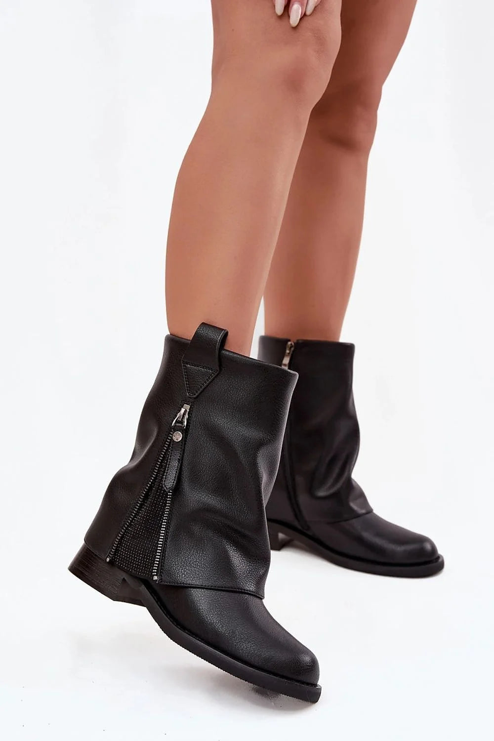 bottines femmes mi mollet cuir naturel tige repliée bout rond talon bloc bas fermeture zippée latérale semelle crantée doublure chaude