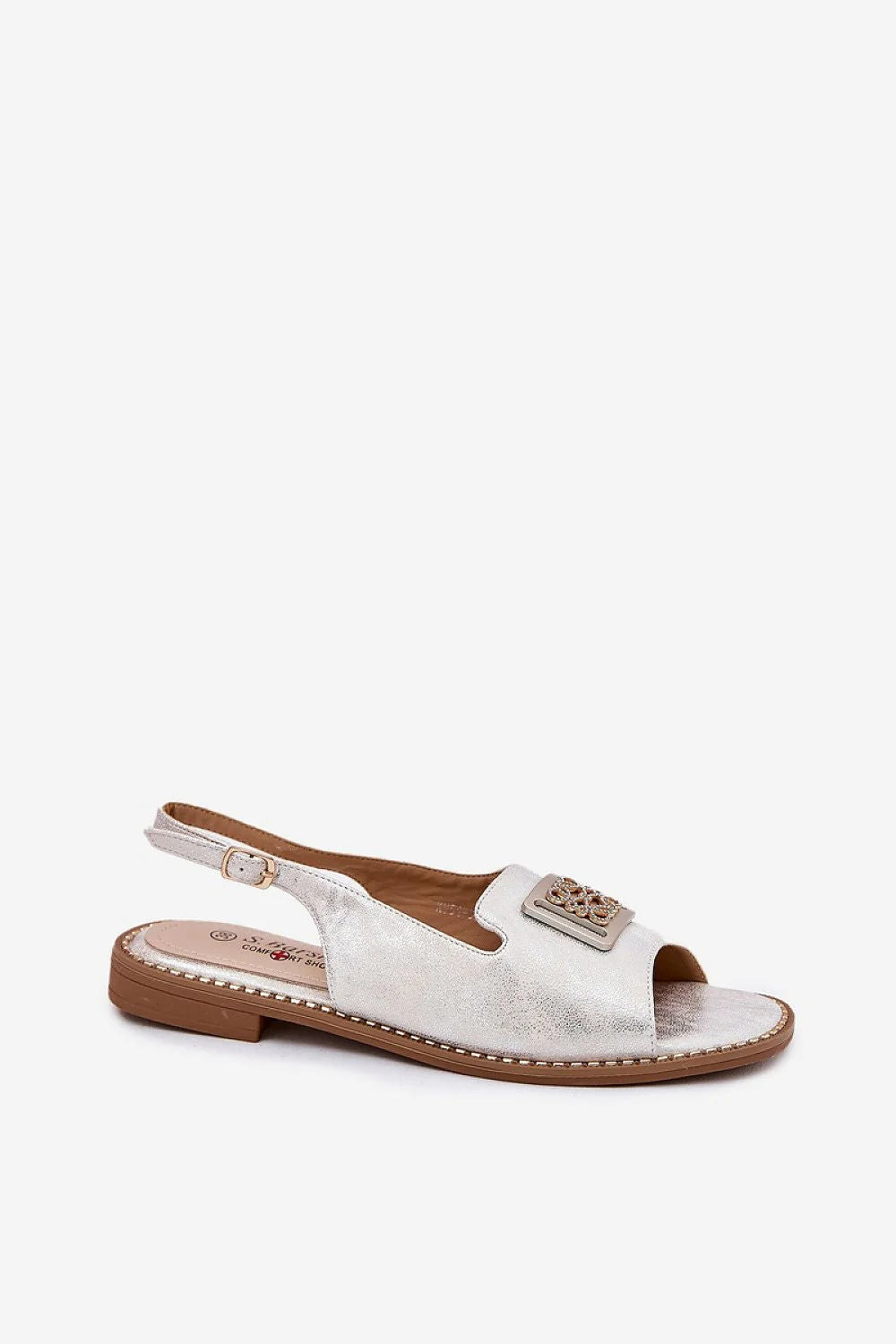 Sandales élégantes pour femmes en simili cuir argenté, détails décoratifs, confort maximal, style moderne, occasions multiples