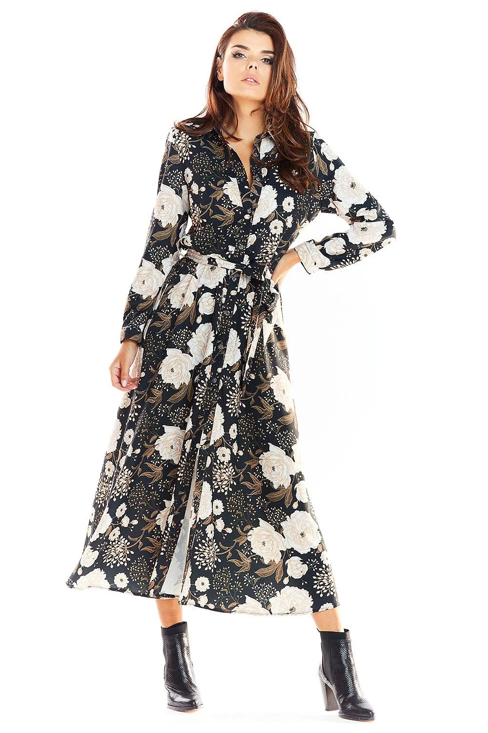 Robe longue élégante en polyester imprimé floral bohème pour femme moderne avec ceinture à la taille