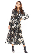 Robe longue élégante en polyester imprimé floral bohème pour femme moderne avec ceinture à la taille