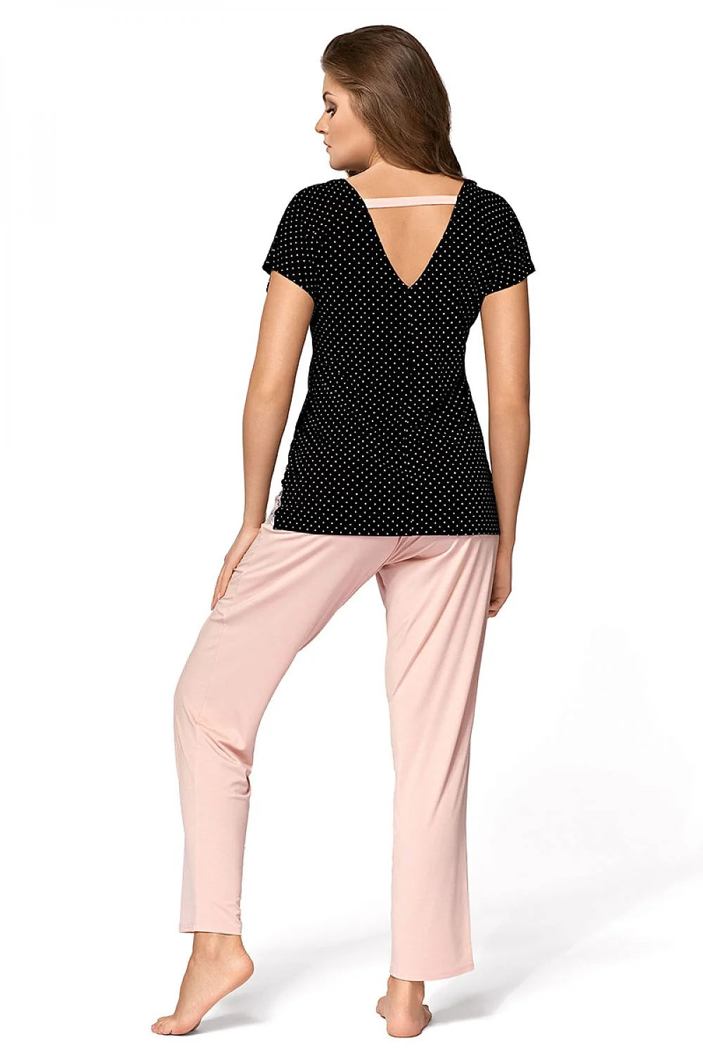 pyjama Babella Iris femme deux pièces top noir pois blancs noeud rose dentelle blanche pantalon rose poudré