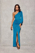 Robe longue asymétrique une épaule manche longue fente haute tissu scintillant couleur turquoise taille ajustée femme