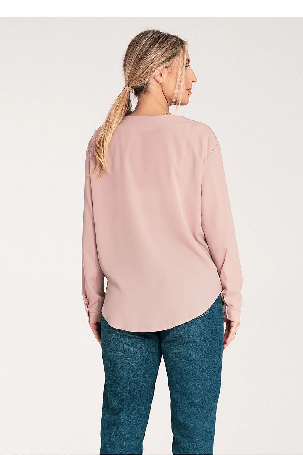 Blouse femme design épuré manches longues col V pastel rose polyester elasthanne fit ample silhouette élégante