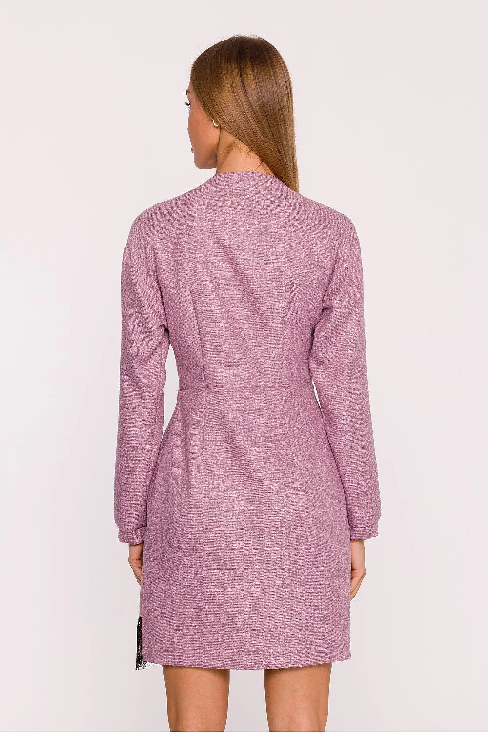robe tweed dentelle rose poudré chiné mini cache coeur décolleté V manches longues taille cintrée bouton doré décoratif