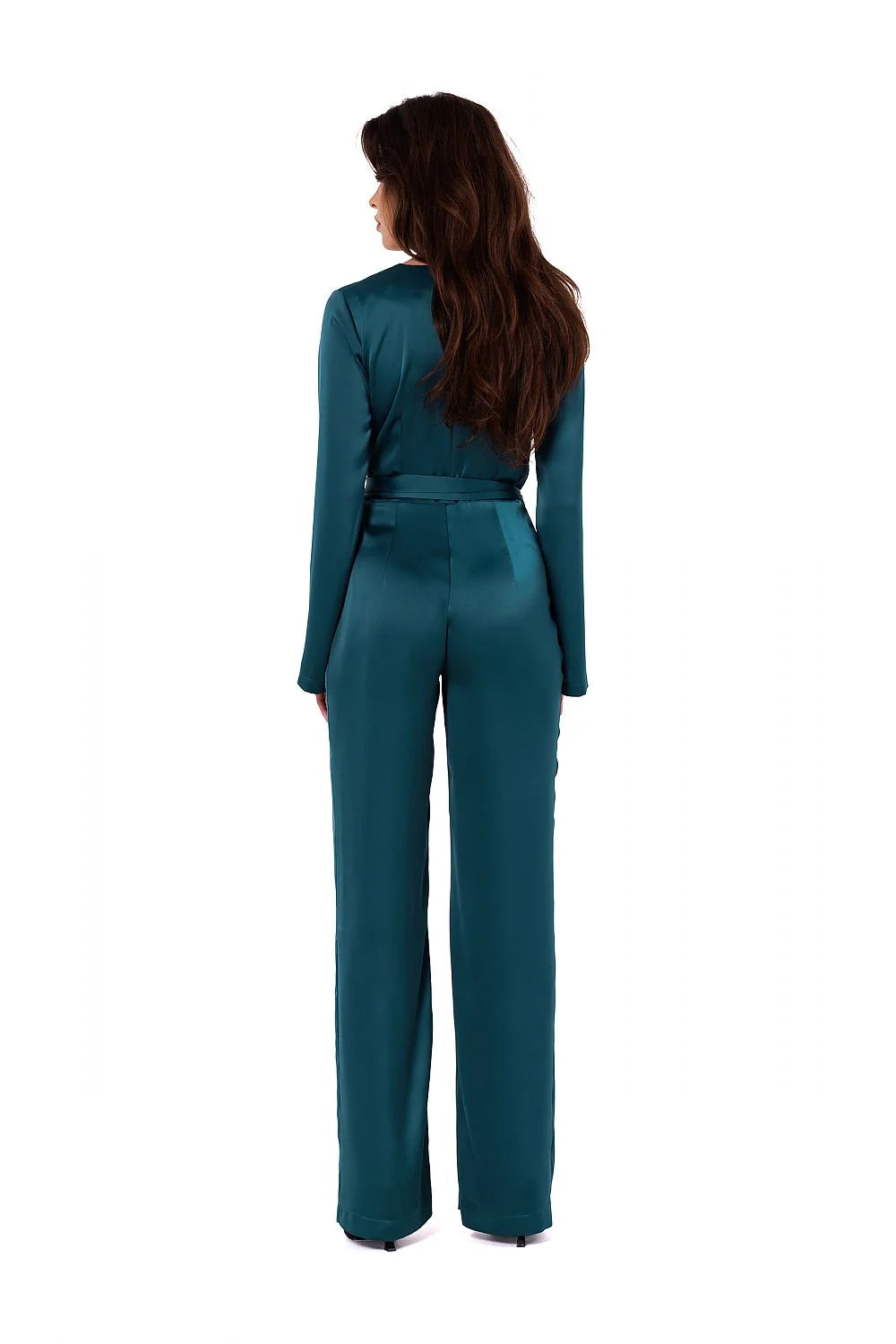 Combinaison élégante longue manches longues encolure en V ceinture ajustable couleur bleu-vert profond tissu satiné femme