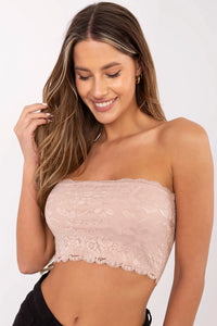 Bandeau féminin élégant sans bretelles en dentelle rose pâle doublure soft coupe ajustée motifs floraux ourlet festonné lingerie mode femme