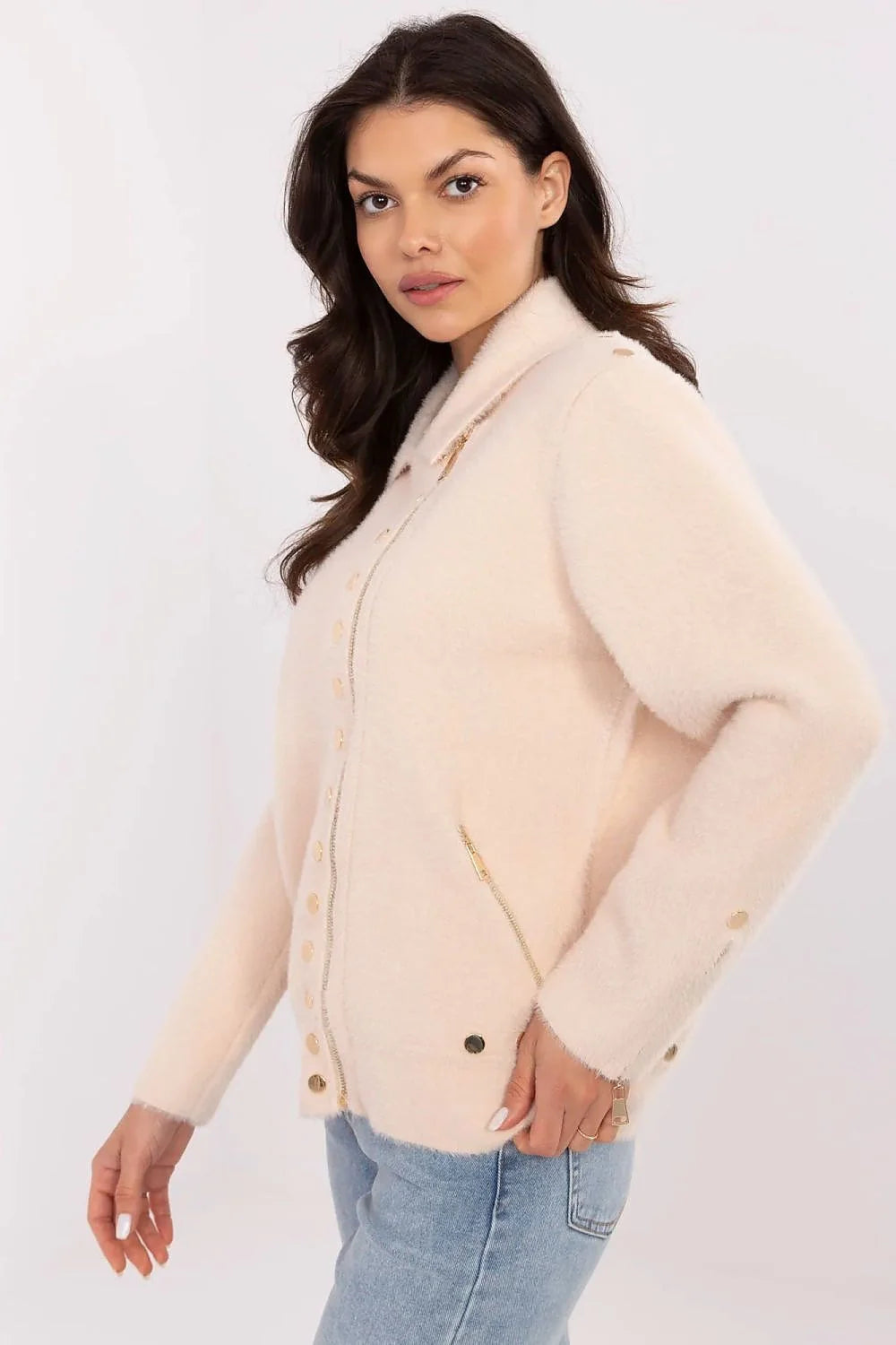 Veste élégante pour femme en laine et polyester couleur beige clair coupe droite avec boutons dorés manches longues sans capuche
