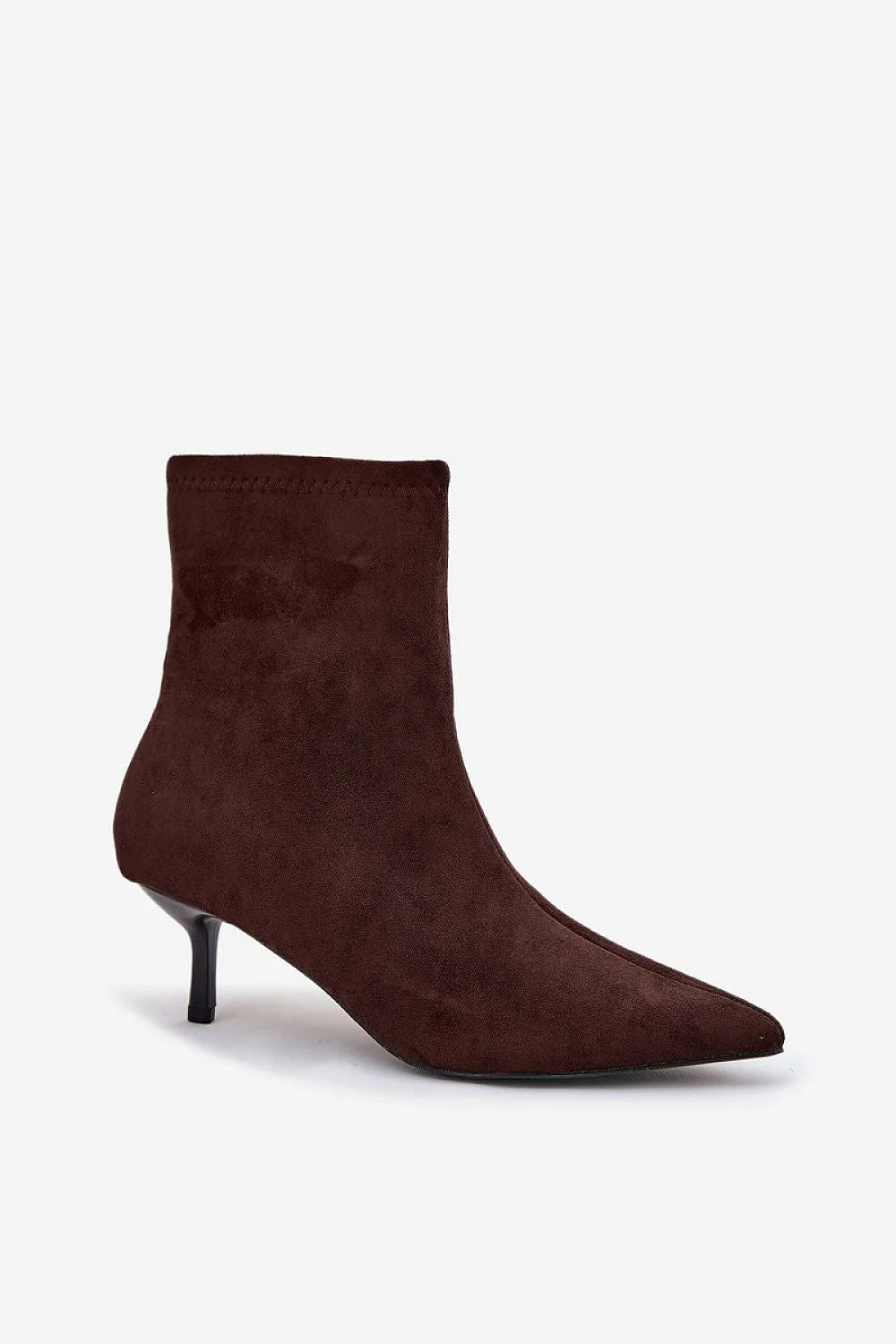 bottines femme cheville marron foncé suédine cuir écologique bout pointu talon kitten fin zippée latérale tige froncée effet chaussette extensible