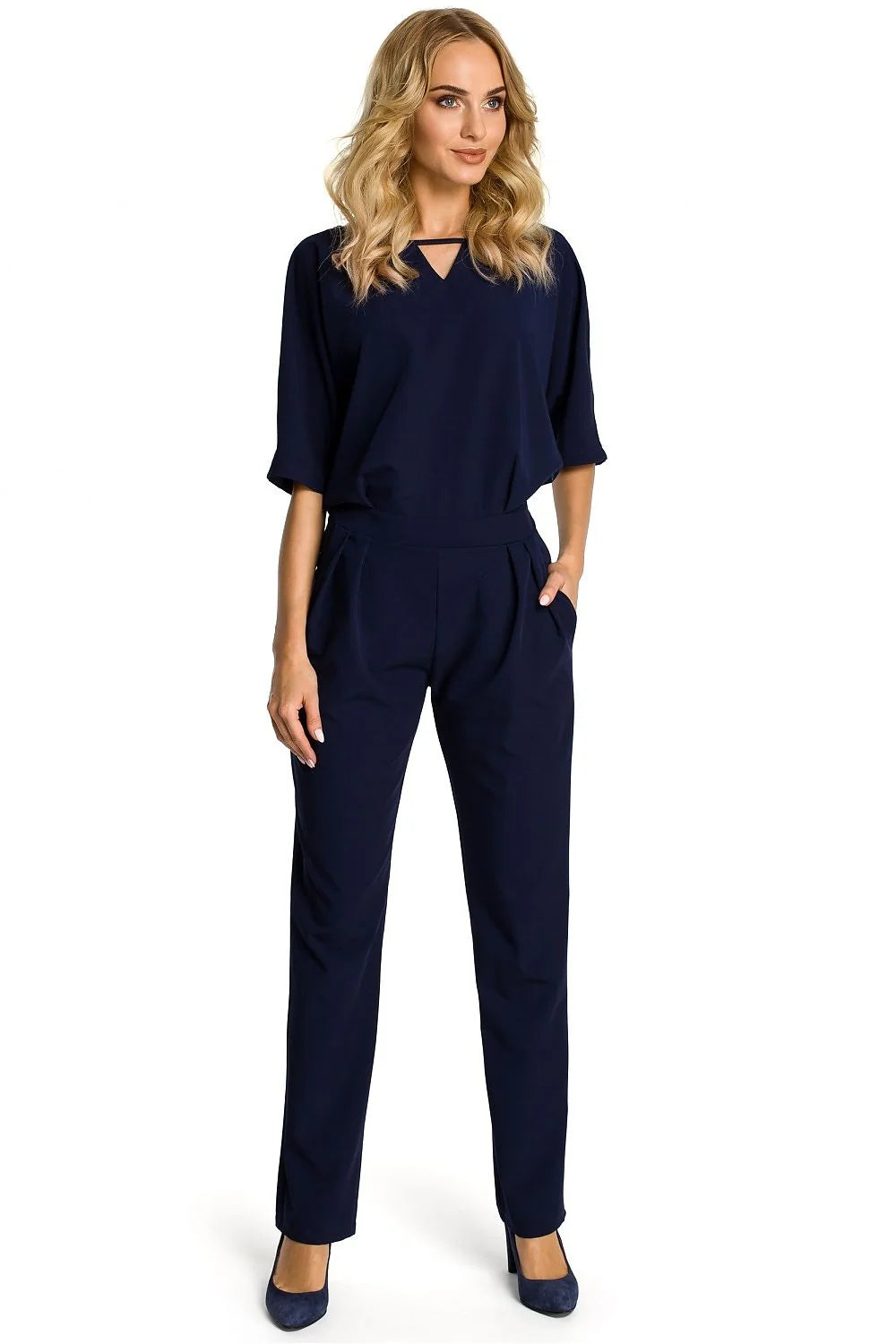 Combinaison bleu royal polyester moderne élégante manches courtes coupe droite poches latérales confort chic