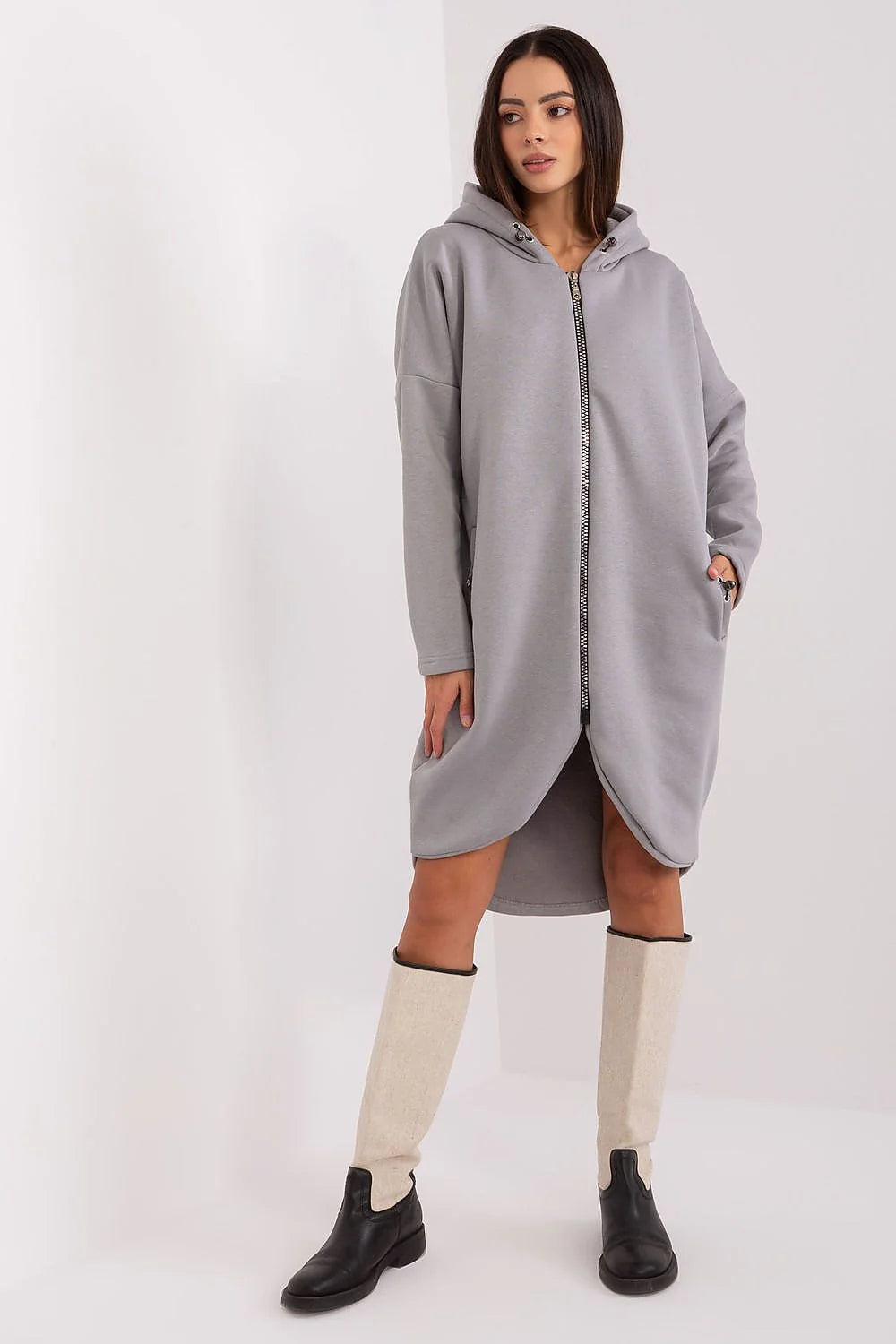 Sweatshirt Rue Paris longue en coton 90% élasthanne 10% capuche fermeture éclair poches latérales style urbain décontracté femme