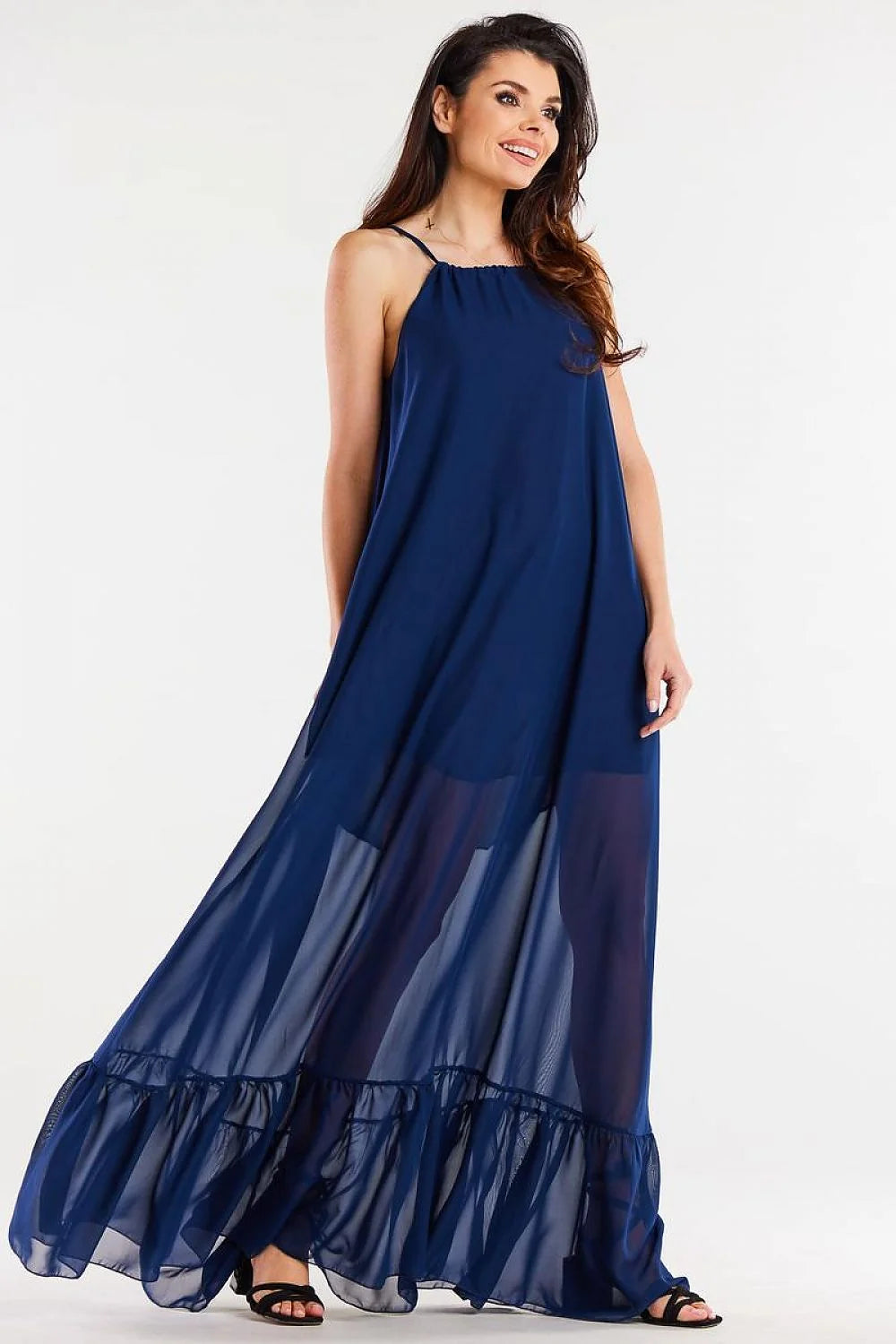 Robe longue bohème mousseline de soie couleur bleue marine volants bretelles fines coupe ample femme