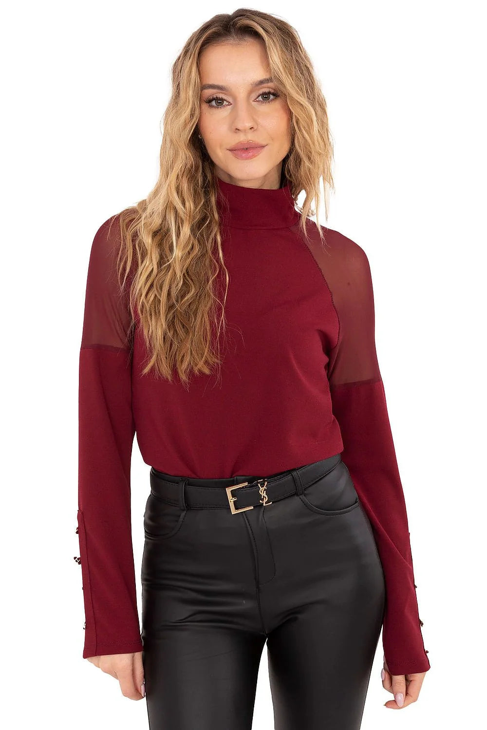 chemisier femme bordeaux col montant maille fine stretch empiècements tulle transparents épaules manches longues coupe ajustée boutons décoratifs