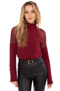 chemisier femme bordeaux col montant maille fine stretch empiècements tulle transparents épaules manches longues coupe ajustée boutons décoratifs