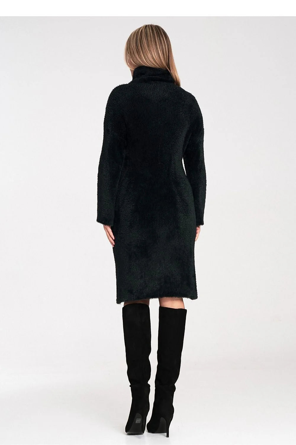 robe pull col roulé mi longue maille pelucheuse chenille noire manches longues coupe cintrée genou chaude confortable élégante féminine universelle