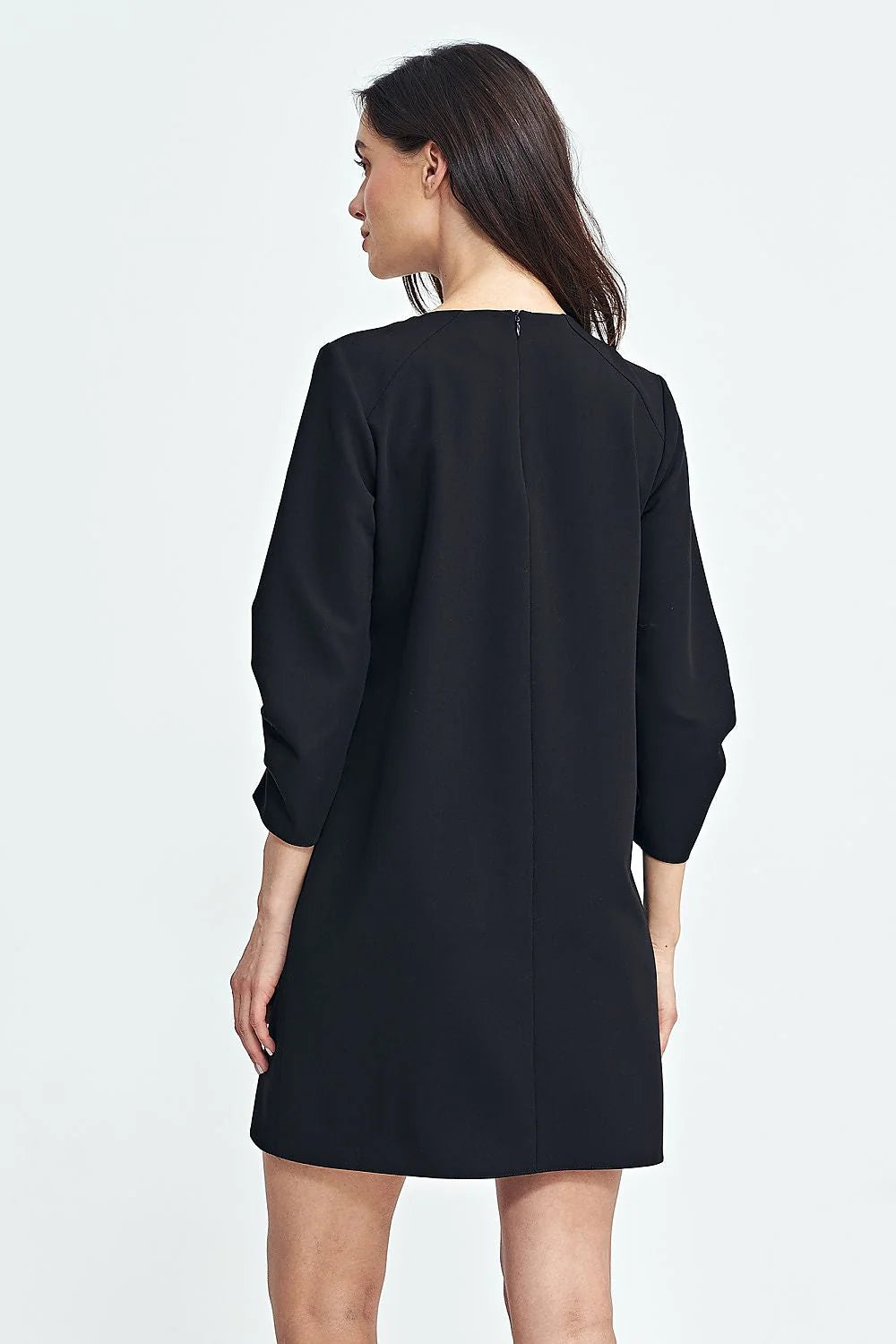 Robe de jour élégante pour femme en tissu polyester minimaliste manches longues encolure ronde finitions soignées couleur noire