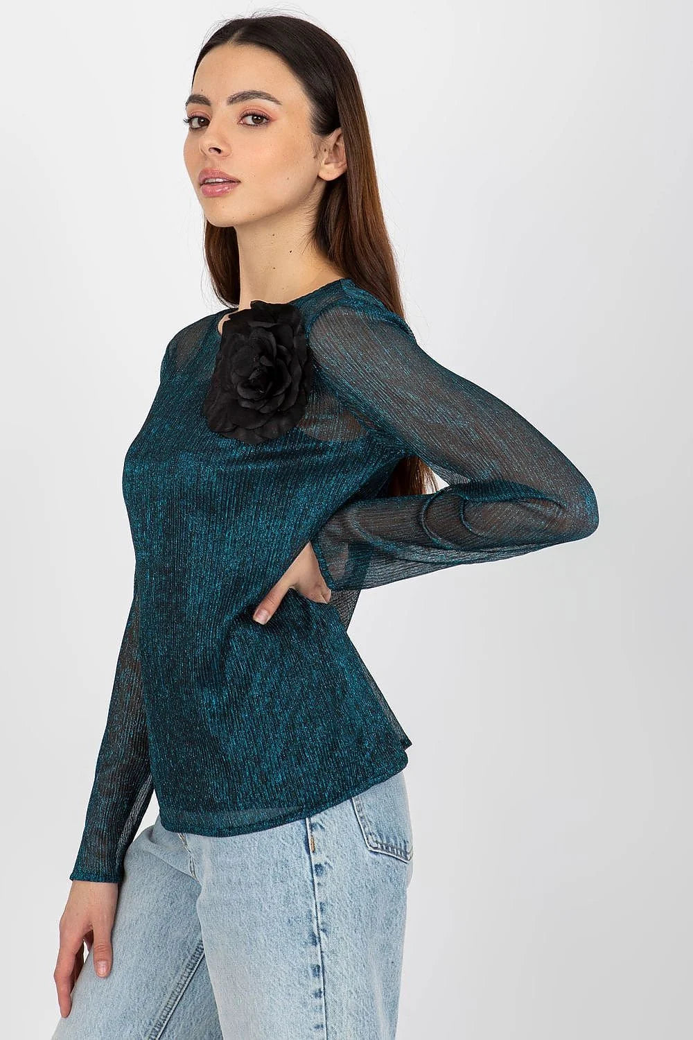 Chemisier Lakerta élégant pour femme en polyester 100% manches longues encolure ronde fleur décorative